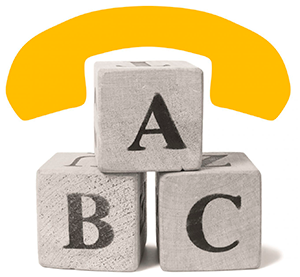 A-, B- ja C-kirjainpalikat sekä puhelimen luuri.