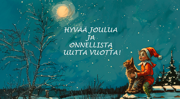 Tonttu ja kissa katolla. Hyvää joulua ja onnellista uutta vuotta.