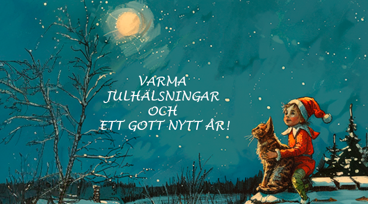 Tonttu ja kissa katolla. Varma julhälsningar och ett gott nytt år.